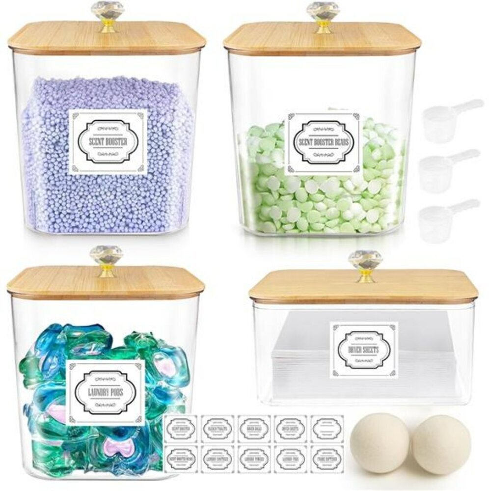 Laundry detergent dispenser set with pods container dryer sheet holder storage